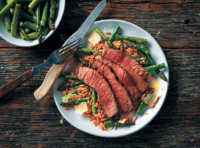 GRILLED TOP ROUND STEAK with PARMESAN ASPARAGUS